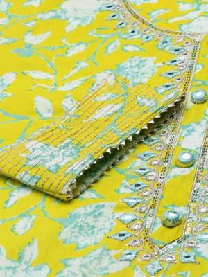 women's round neck floral batik lime green straight kurta and trouser with dupatta 3