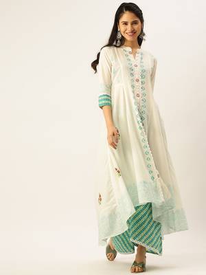 women's mandarin collar ethnic motifs block print white straight kurta and palazzos 2