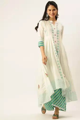 women's mandarin collar ethnic motifs block print white straight kurta and palazzos