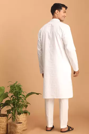 White Cotton Blend Kurta Pyjama Set