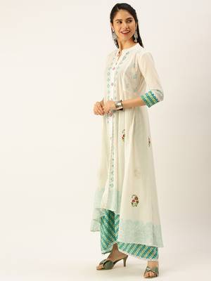 women's mandarin collar ethnic motifs block print white straight kurta and palazzos 3