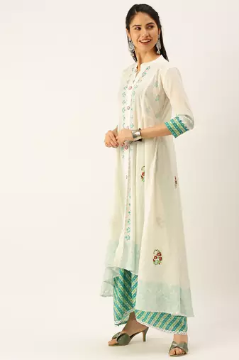 women's mandarin collar ethnic motifs block print white straight kurta and palazzos