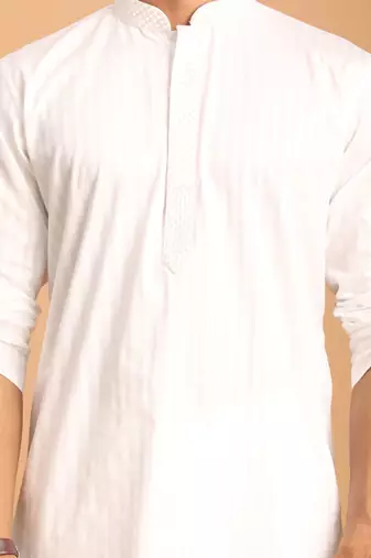 White Cotton Blend Kurta Pyjama Set