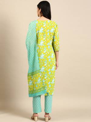 women's round neck floral batik lime green straight kurta and trouser with dupatta 4