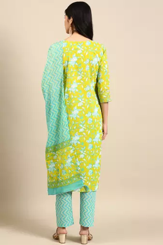 women's round neck floral batik lime green straight kurta and trouser with dupatta