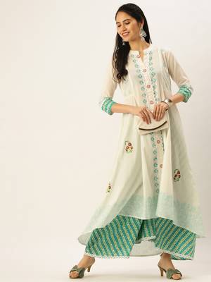 women's mandarin collar ethnic motifs block print white straight kurta and palazzos 4