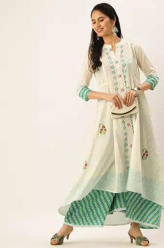 women's mandarin collar ethnic motifs block print white straight kurta and palazzos