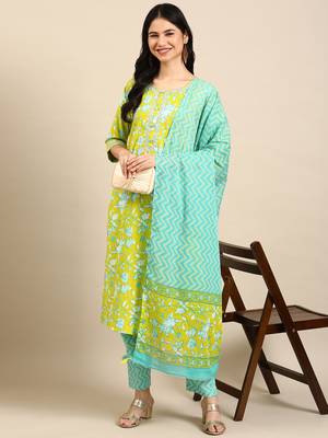 women's round neck floral batik lime green straight kurta and trouser with dupatta 5