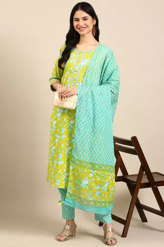 women's round neck floral batik lime green straight kurta and trouser with dupatta