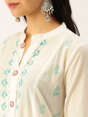 women's mandarin collar ethnic motifs block print white straight kurta and palazzos 5