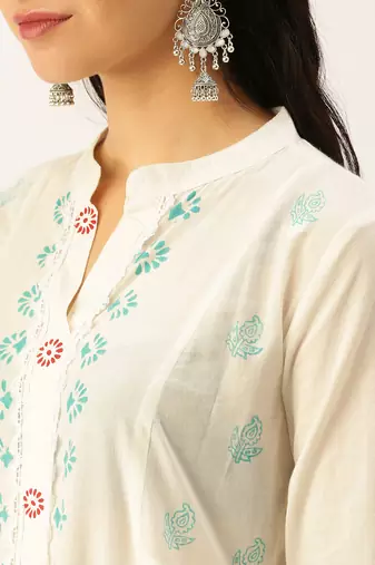 women's mandarin collar ethnic motifs block print white straight kurta and palazzos