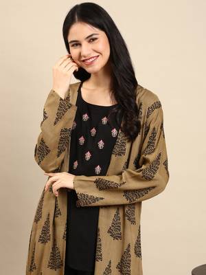 Showoff women's round neck ethnic motifs khaki anarkali kurta and palazzos 1
