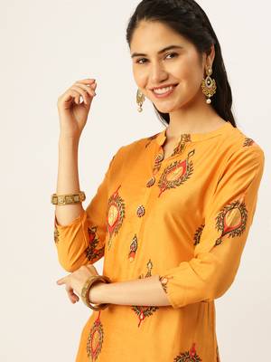 women's mandarin collar ethnic motifs orange straight kurta and trouser 1