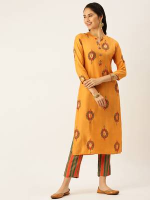 women's mandarin collar ethnic motifs orange straight kurta and trouser 2