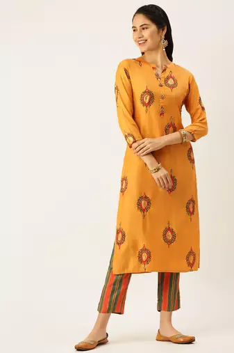women's mandarin collar ethnic motifs orange straight kurta and trouser