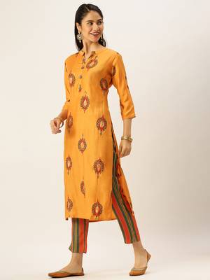 women's mandarin collar ethnic motifs orange straight kurta and trouser 3