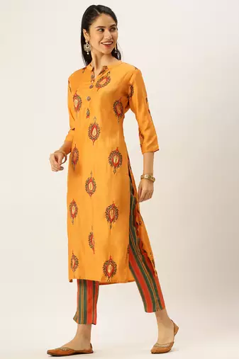 women's mandarin collar ethnic motifs orange straight kurta and trouser