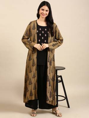 Showoff women's round neck ethnic motifs khaki anarkali kurta and palazzos 4