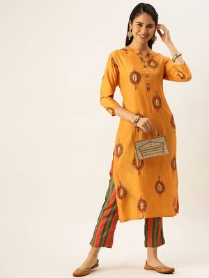 women's mandarin collar ethnic motifs orange straight kurta and trouser 4