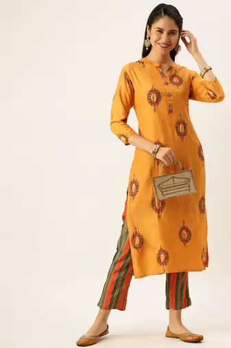 women's mandarin collar ethnic motifs orange straight kurta and trouser