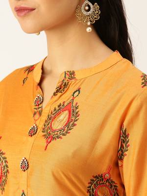 women's mandarin collar ethnic motifs orange straight kurta and trouser 5