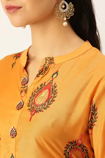women's mandarin collar ethnic motifs orange straight kurta and trouser