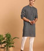 Grey And White Cotton Kurta Pyjama Set