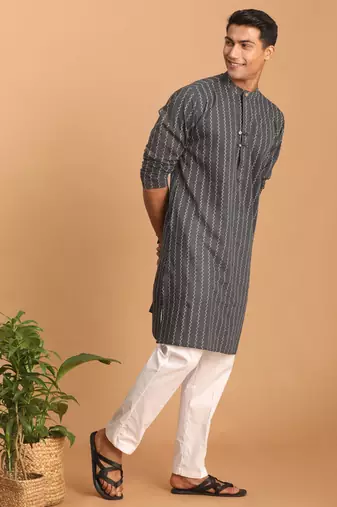 Grey And White Cotton Kurta Pyjama Set