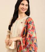 women's round neck geometric foil print cream straight kurta and palazzos with dupatta