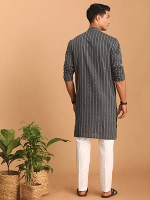 Grey And White Cotton Kurta Pyjama Set 3