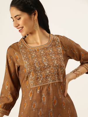 women's round neck ethnic motifs brown straight kurta and trouser 1