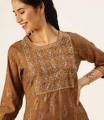 women's round neck ethnic motifs brown straight kurta and trouser