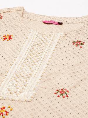 women's round neck geometric foil print cream straight kurta and palazzos with dupatta 2