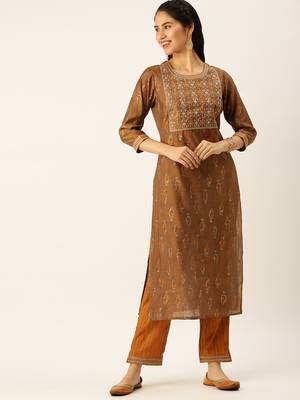 women's round neck ethnic motifs brown straight kurta and trouser 2