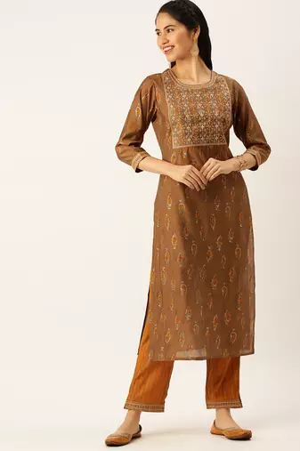 women's round neck ethnic motifs brown straight kurta and trouser