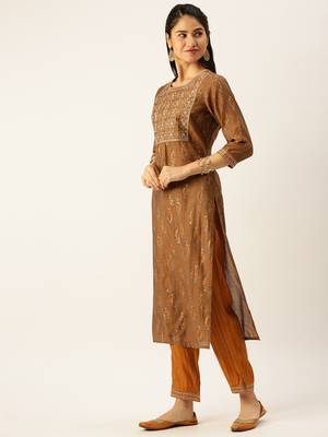 women's round neck ethnic motifs brown straight kurta and trouser 3