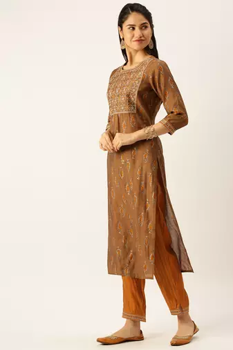 women's round neck ethnic motifs brown straight kurta and trouser