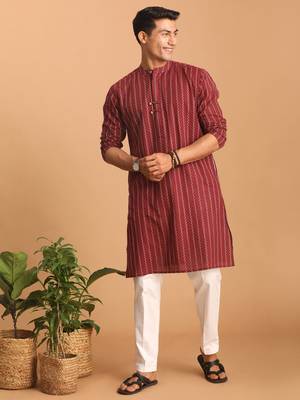 Maroon And White Cotton Kurta Pyjama Set 1