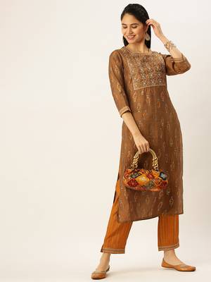 women's round neck ethnic motifs brown straight kurta and trouser 4