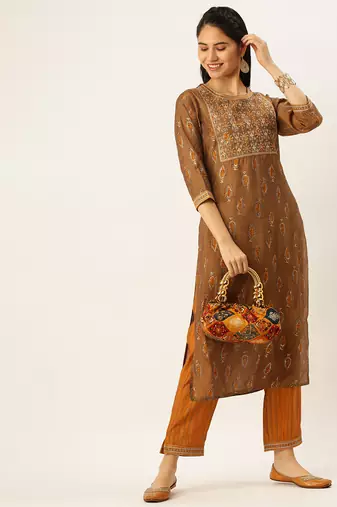 women's round neck ethnic motifs brown straight kurta and trouser