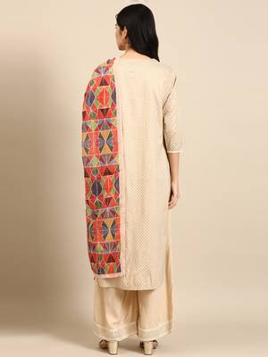 women's round neck geometric foil print cream straight kurta and palazzos with dupatta 5