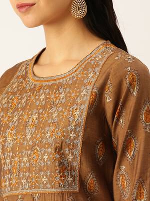 women's round neck ethnic motifs brown straight kurta and trouser 5