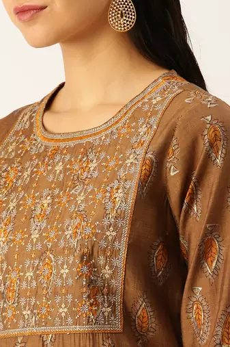 women's round neck ethnic motifs brown straight kurta and trouser