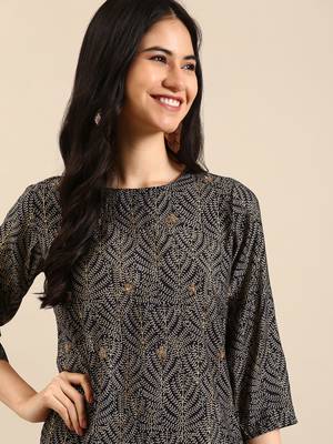 women's round neck ethnic motifs zardozi navy blue straight kurta and palazzos 1