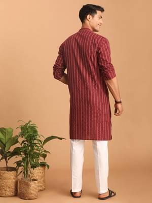 Maroon And White Cotton Kurta Pyjama Set 3
