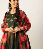 women's round neck solid foil print green a-line kurta and trouser with dupatta