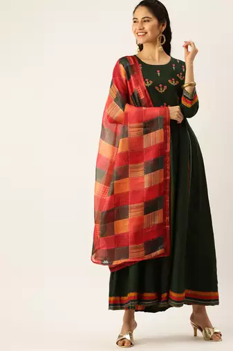 women's round neck solid foil print green a-line kurta and trouser with dupatta