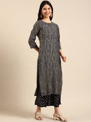 women's round neck ethnic motifs zardozi navy blue straight kurta and palazzos 3