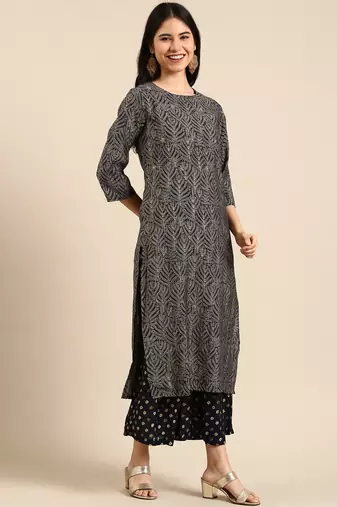 women's round neck ethnic motifs zardozi navy blue straight kurta and palazzos