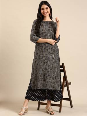 women's round neck ethnic motifs zardozi navy blue straight kurta and palazzos 4